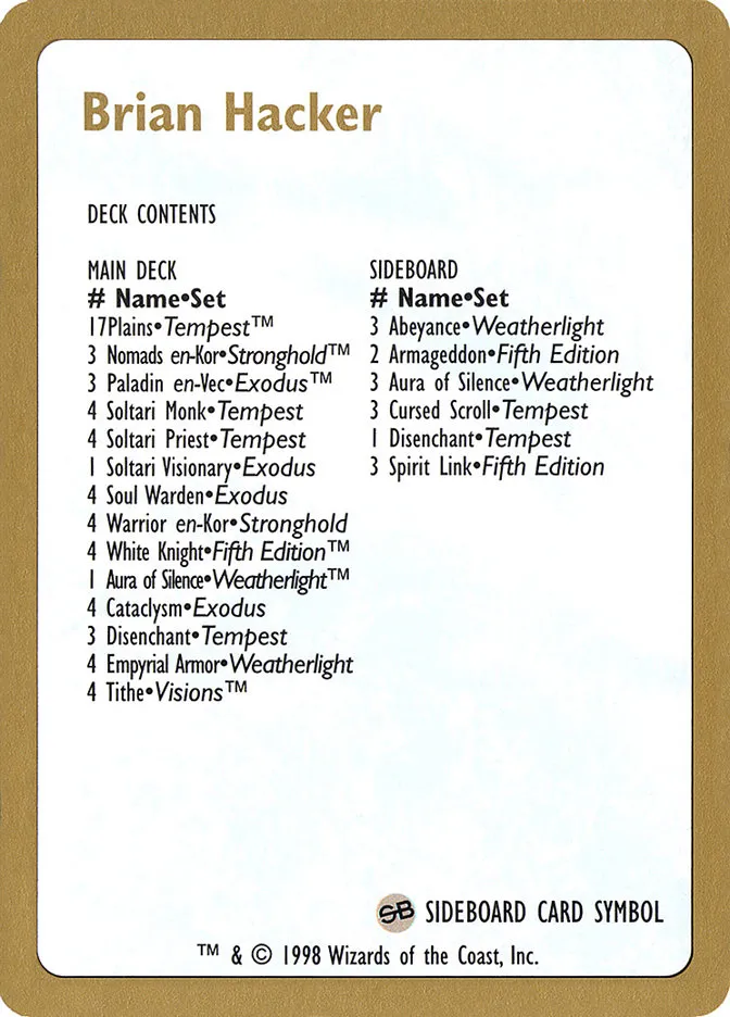 Brian Hacker Decklist Front Face