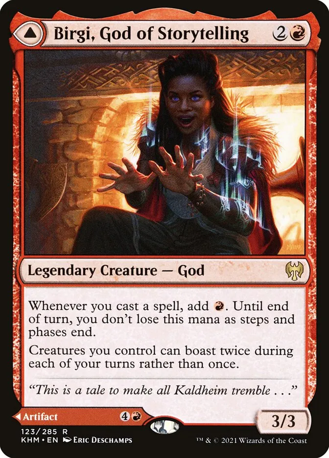 Birgi, God of Storytelling // Harnfel, Horn of Bounty Front Face